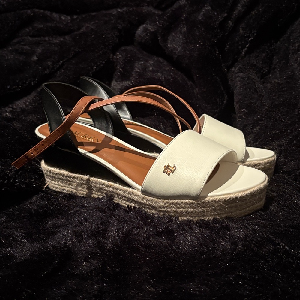 NWT Lauren Ralph Lauren Cream and Brown Wedge Sandals